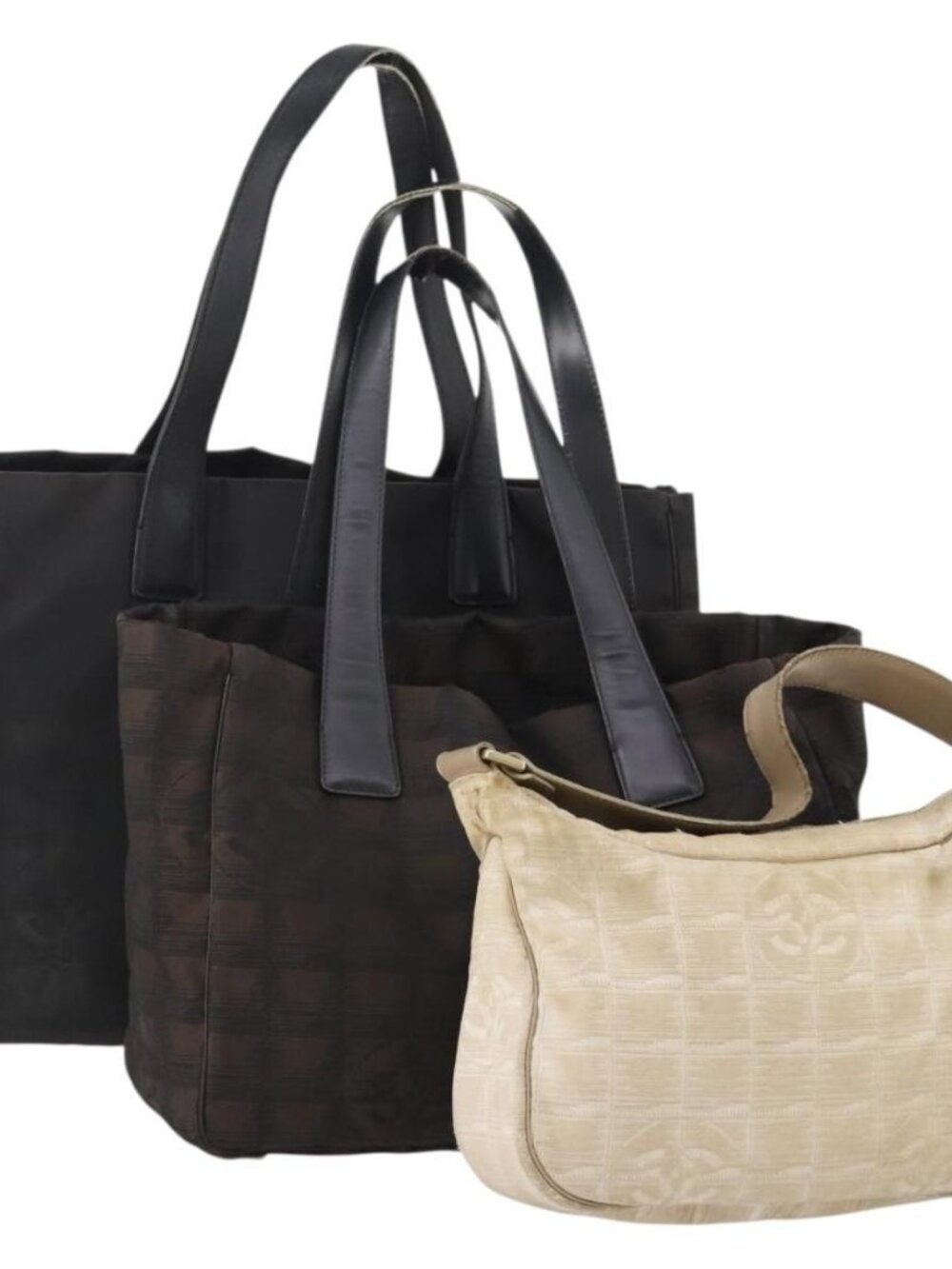CHANEL New Travel line Tote Bag Nylon 3 Set Black Beige CC Auth BA12659